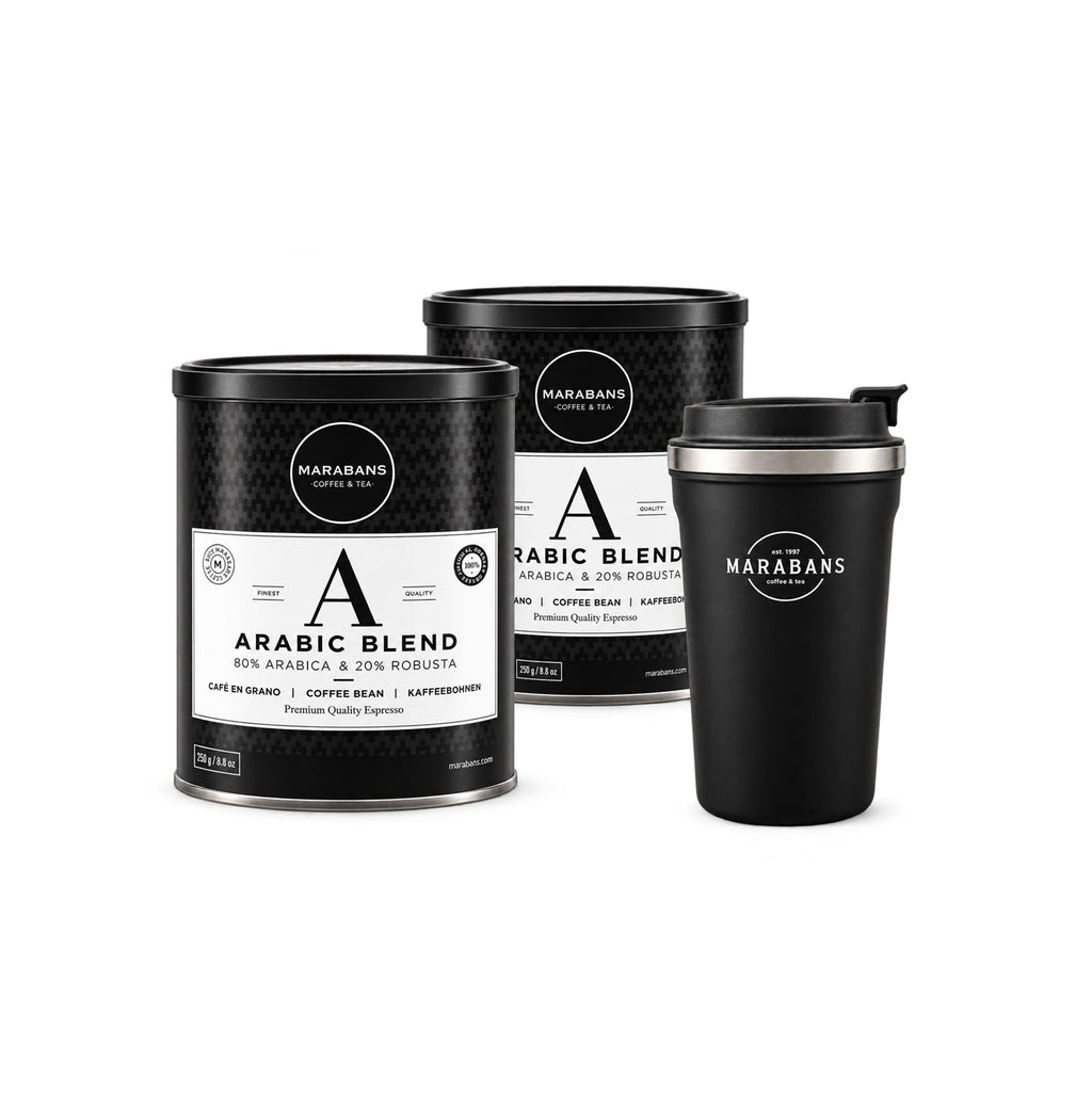 Pack vuelta al cole Marabans: dos Arabic Blend en grano de 250 g y vaso térmico