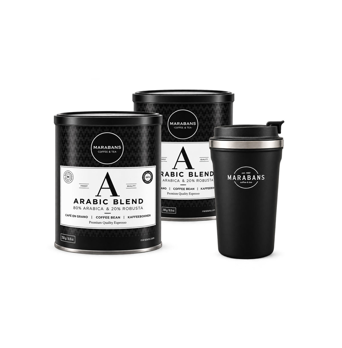 Pack vuelta al cole Marabans: dos Arabic Blend en grano de 250 g y vaso térmico