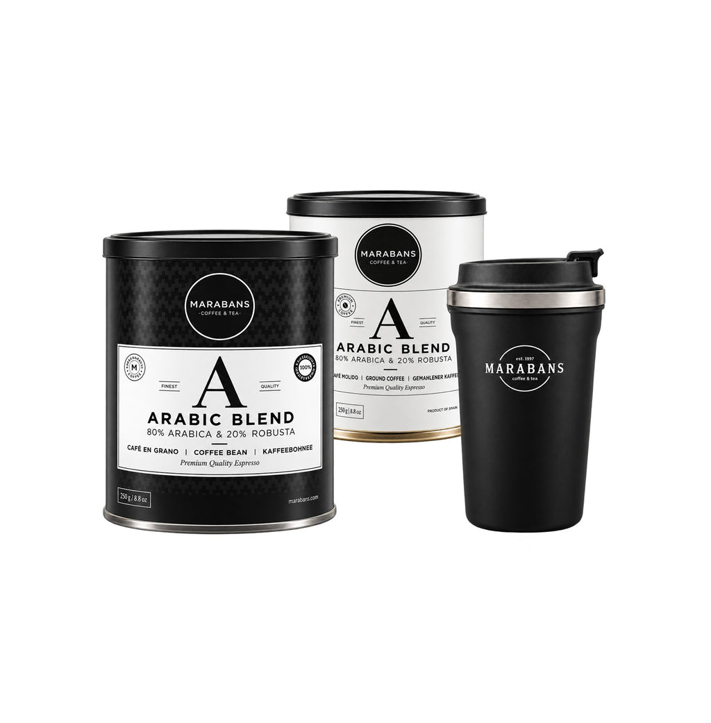 Pack vuelta al cole Marabans: Arabic Blend en grano y molido de 250 g y vaso térmico