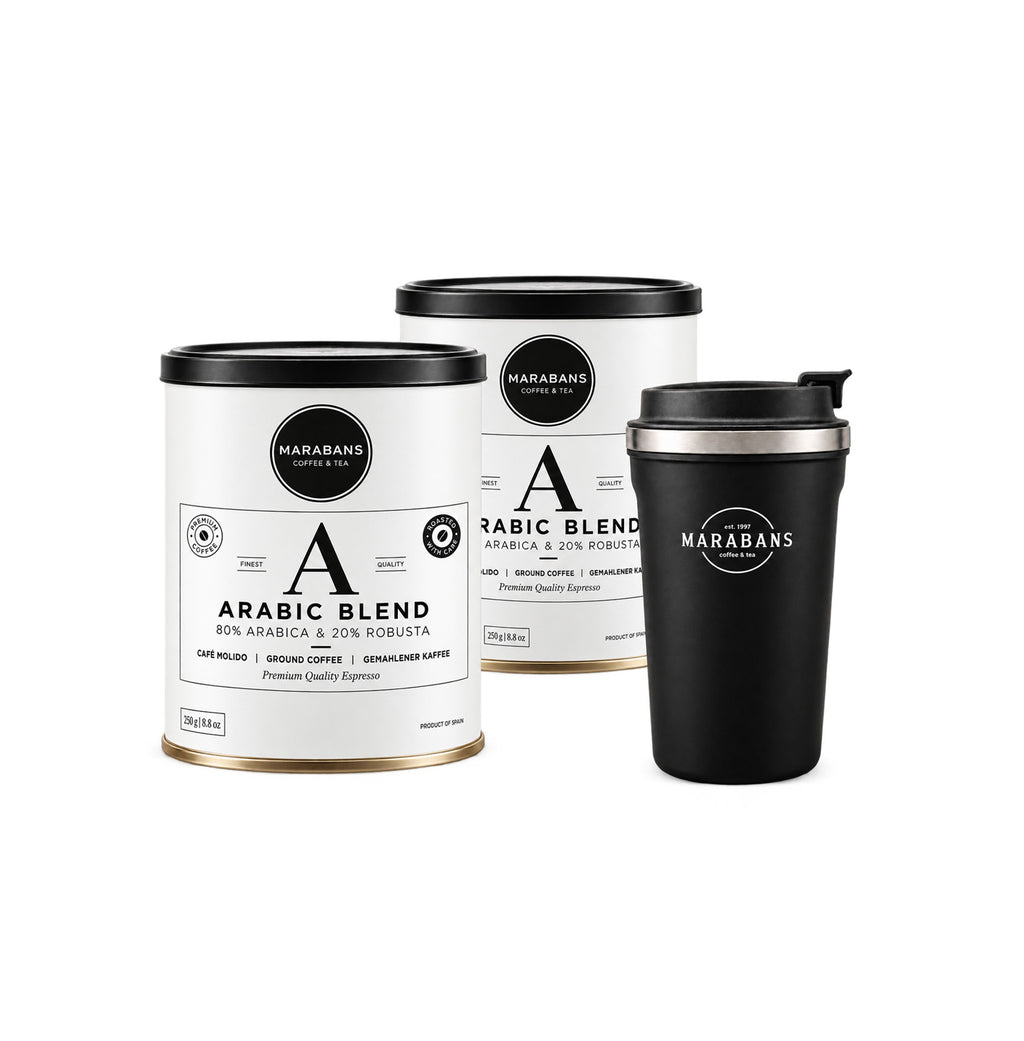 Pack vuelta al cole Marabans: dos Arabic Blend molido de 250 g y vaso térmico